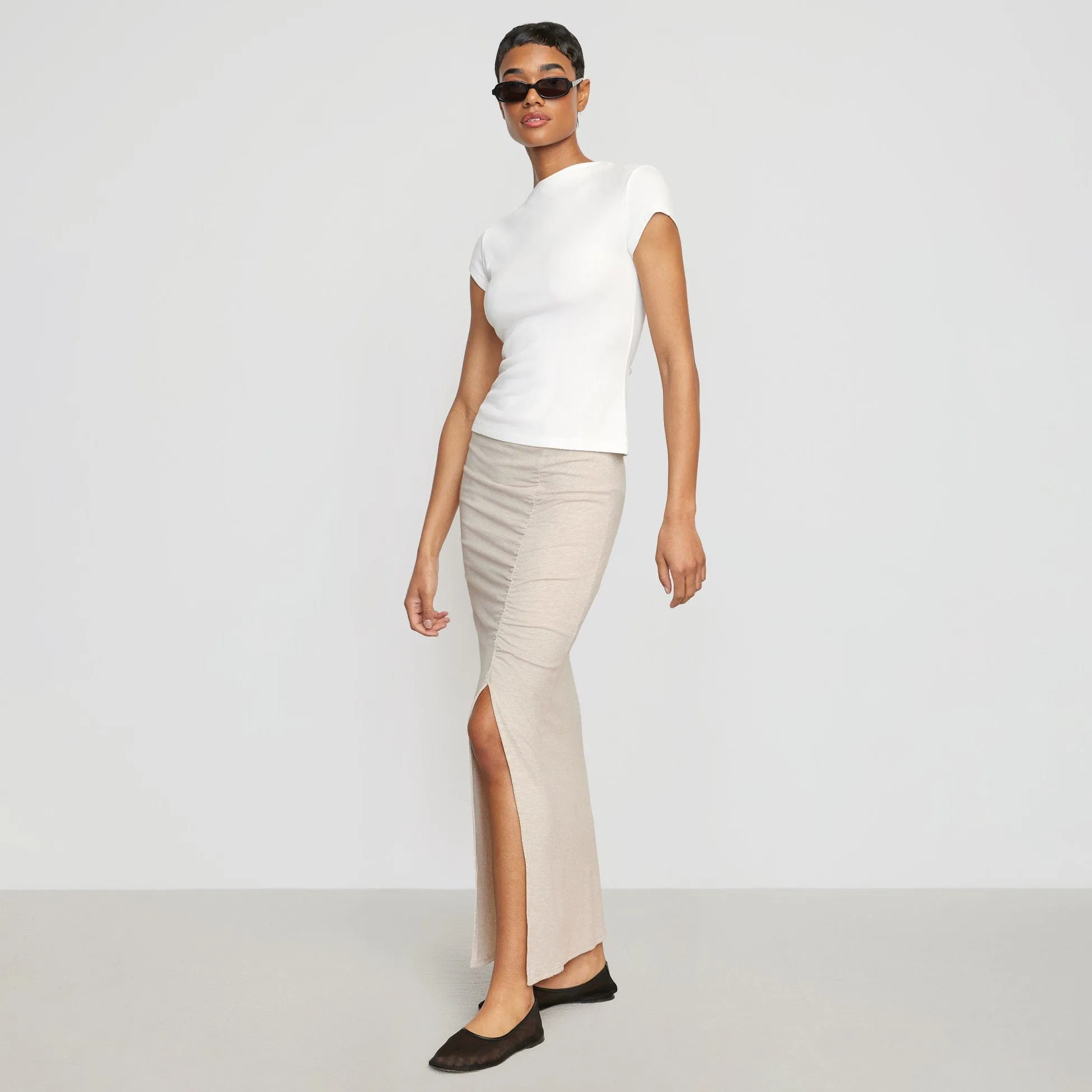 Kiki Ruched Side-Slit Midi Skirt