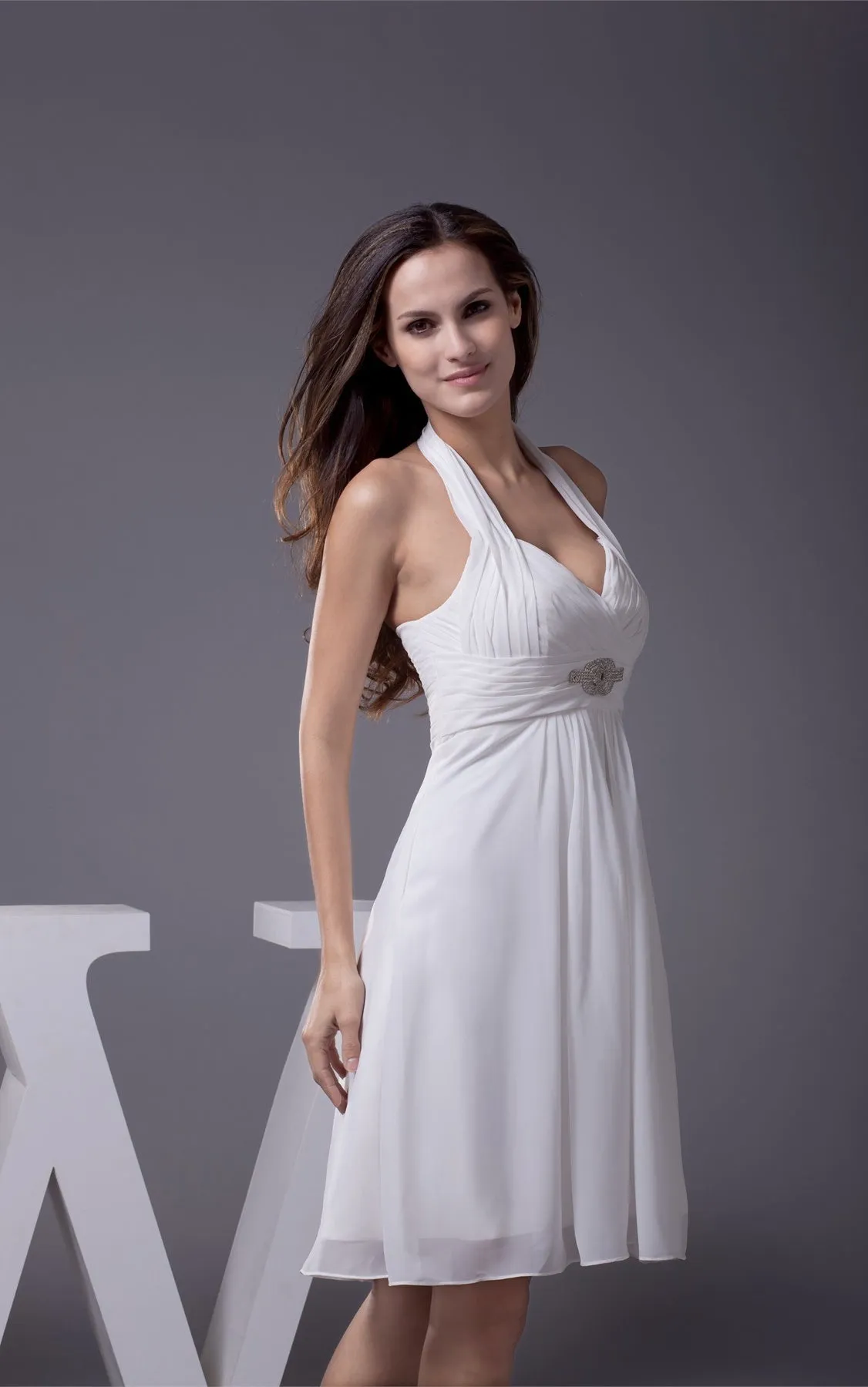 Knee-Length Sleeveless Halter A-Line Dress with Ruching and Beading-GC_706343