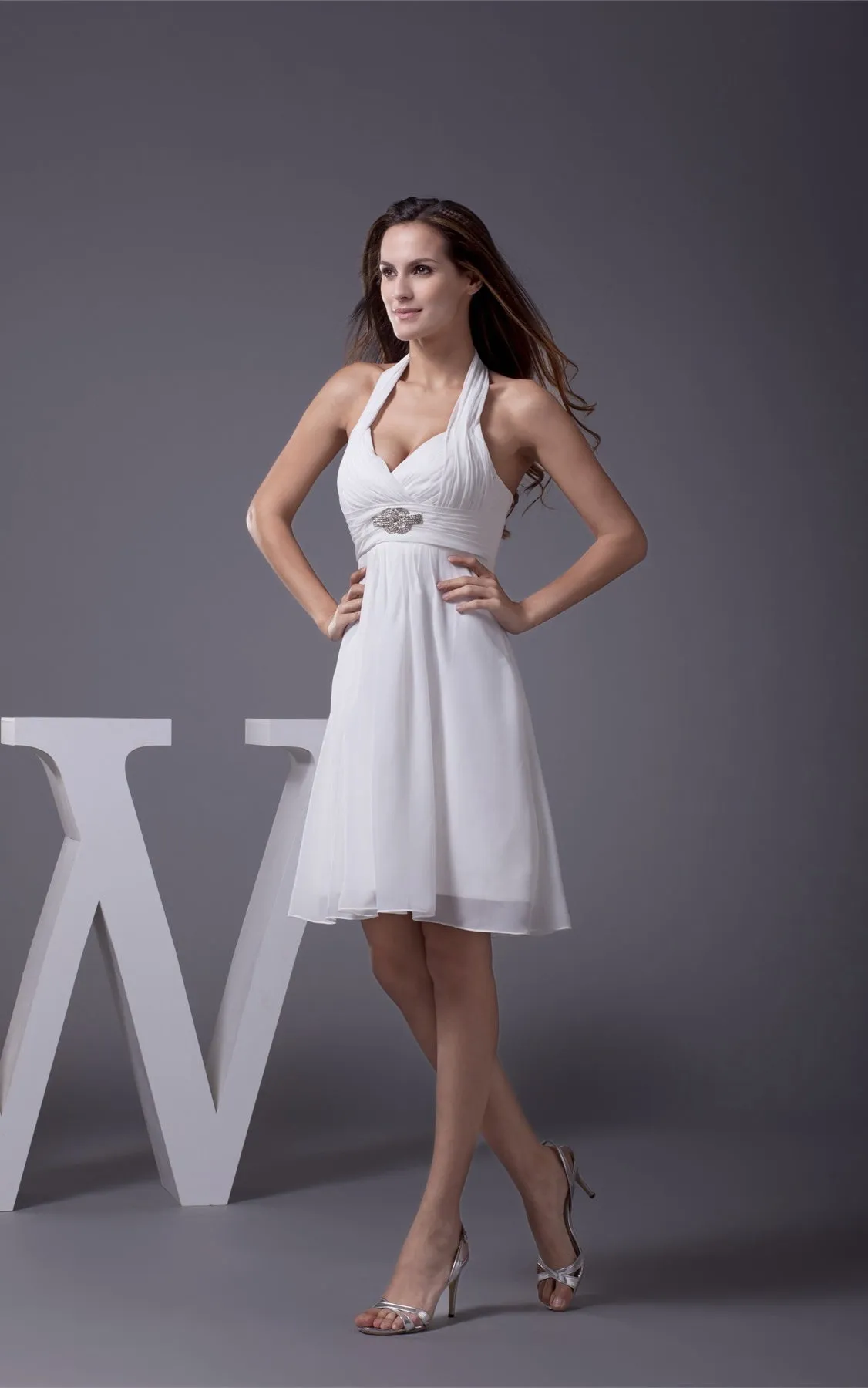 Knee-Length Sleeveless Halter A-Line Dress with Ruching and Beading-GC_706343