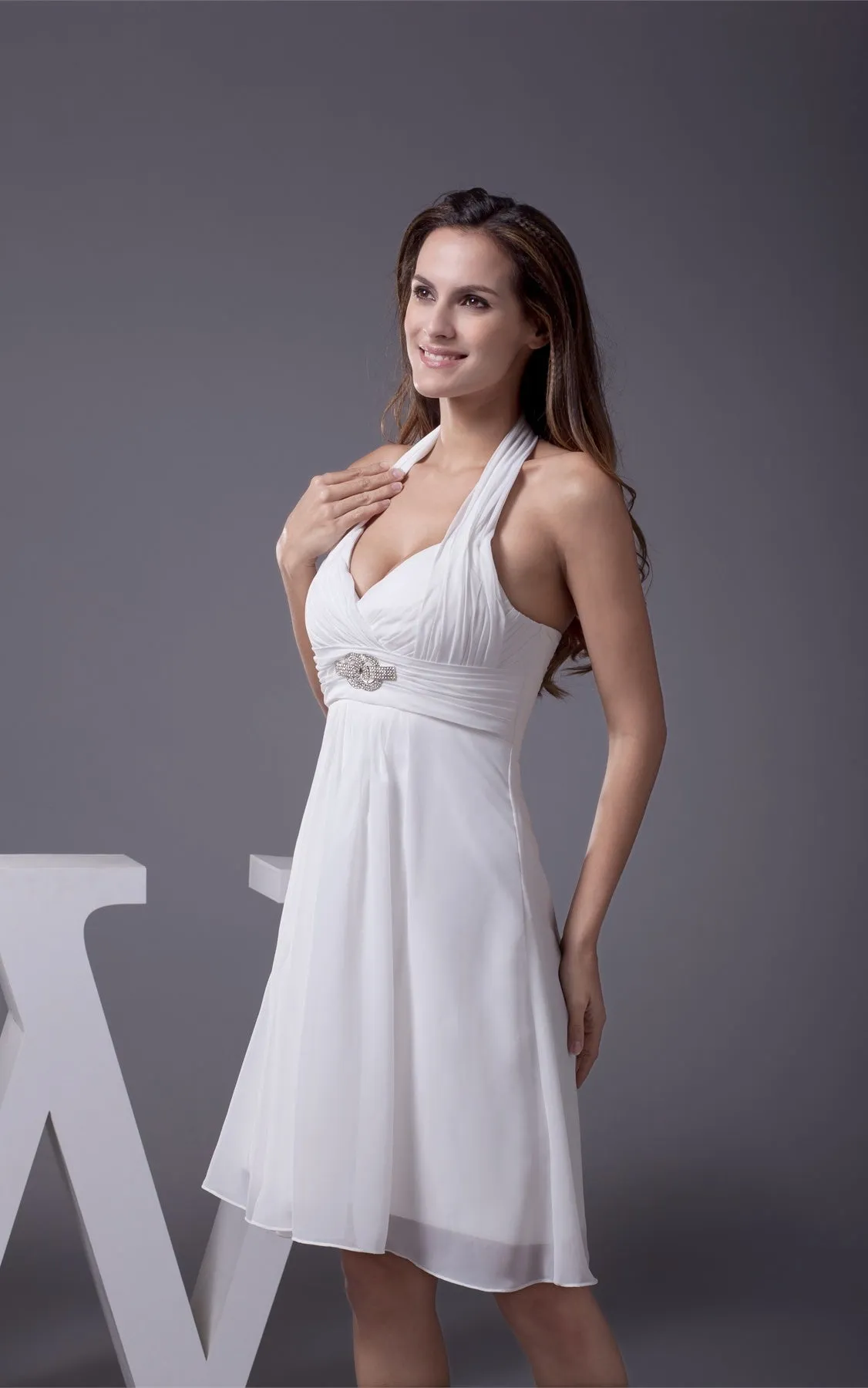 Knee-Length Sleeveless Halter A-Line Dress with Ruching and Beading-GC_706343