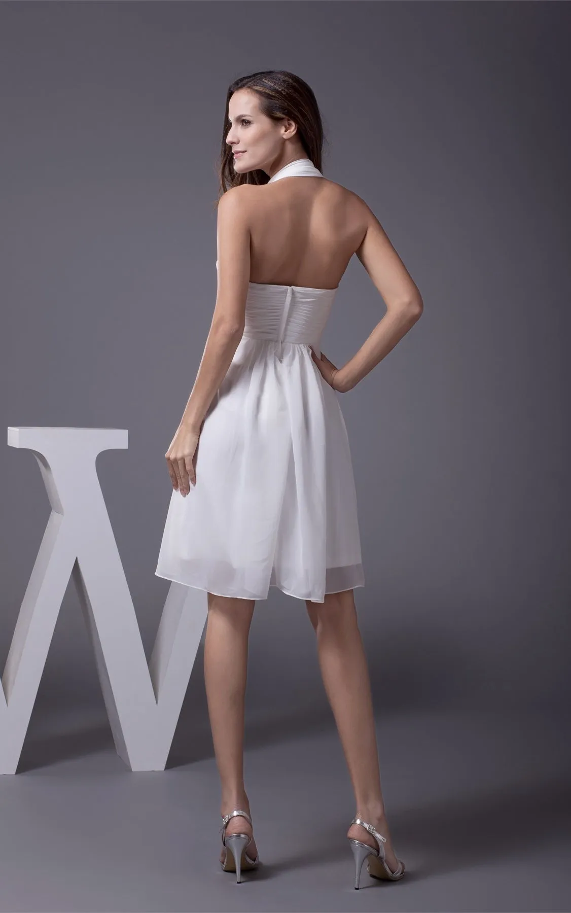 Knee-Length Sleeveless Halter A-Line Dress with Ruching and Beading-GC_706343
