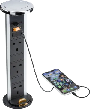 Knightsbridge SK9909PC IP54 3G Pop-Up Socket with Dual USB Charger A C (FASTCHARGE) - Polished Chrome Cap