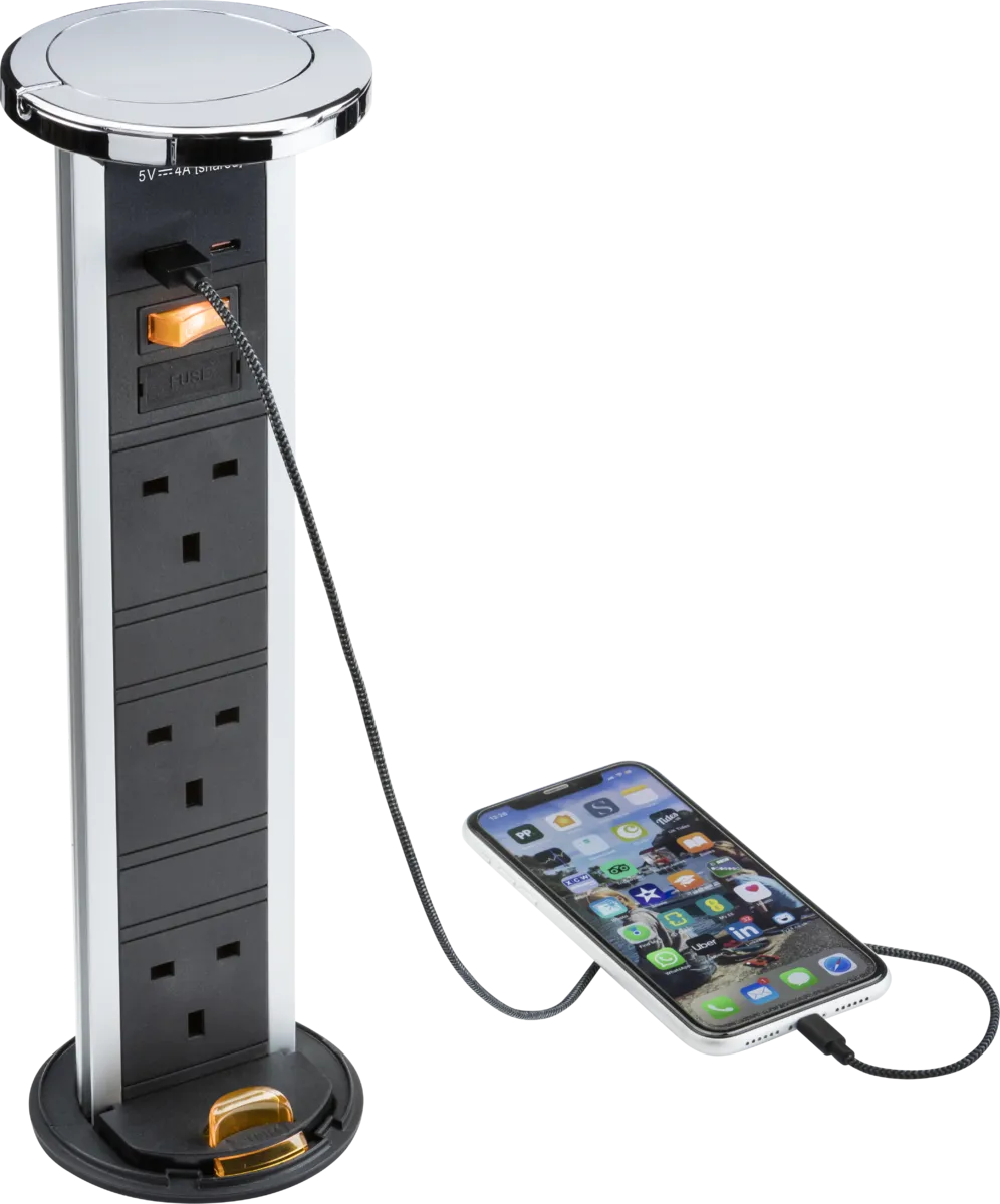 Knightsbridge SK9909PC IP54 3G Pop-Up Socket with Dual USB Charger A C (FASTCHARGE) - Polished Chrome Cap