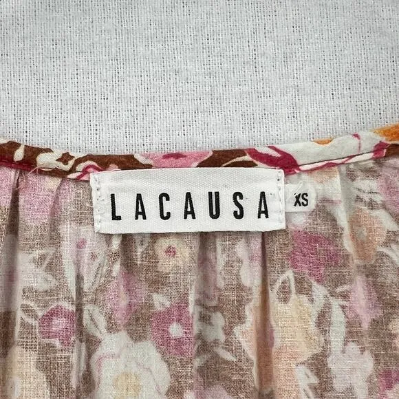 LACAUSA Berkeley Ruffle Midi Dress Womens XS Burnt Orange Floral Balloon Sleeves