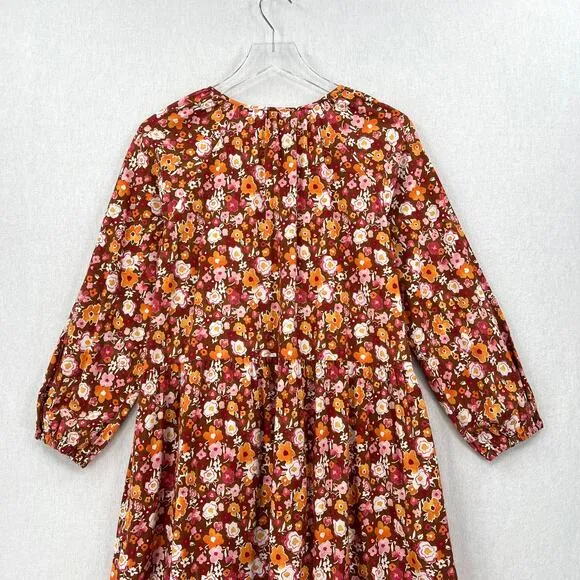 LACAUSA Berkeley Ruffle Midi Dress Womens XS Burnt Orange Floral Balloon Sleeves