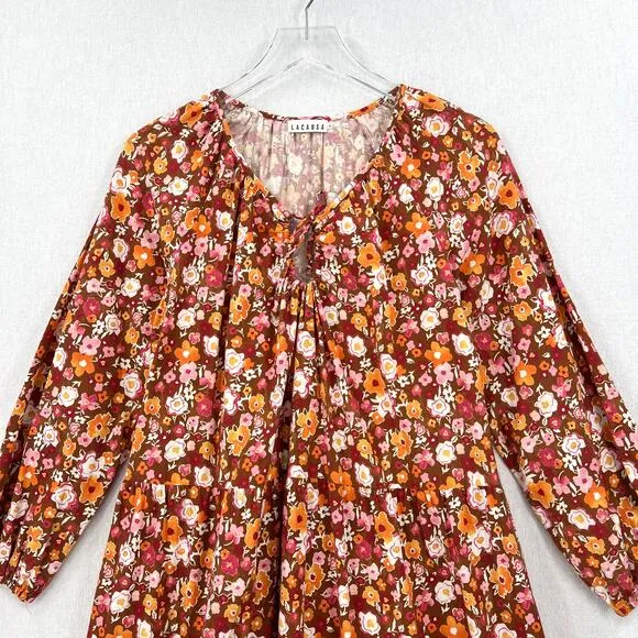 LACAUSA Berkeley Ruffle Midi Dress Womens XS Burnt Orange Floral Balloon Sleeves