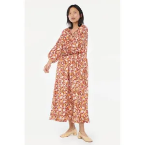 LACAUSA Berkeley Ruffle Midi Dress Womens XS Burnt Orange Floral Balloon Sleeves