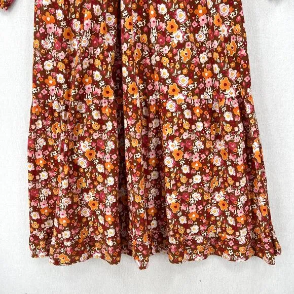 LACAUSA Berkeley Ruffle Midi Dress Womens XS Burnt Orange Floral Balloon Sleeves
