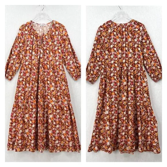 LACAUSA Berkeley Ruffle Midi Dress Womens XS Burnt Orange Floral Balloon Sleeves
