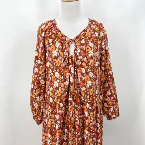 LACAUSA Berkeley Ruffle Midi Dress Womens XS Burnt Orange Floral Balloon Sleeves
