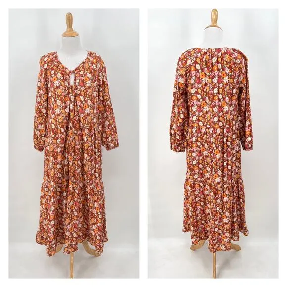 LACAUSA Berkeley Ruffle Midi Dress Womens XS Burnt Orange Floral Balloon Sleeves