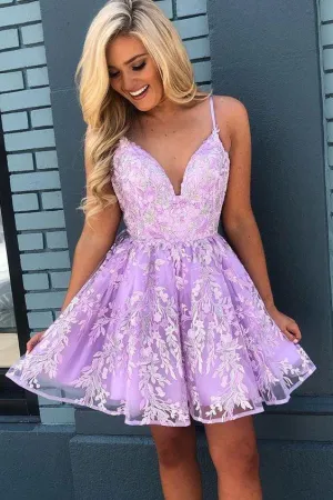 Lace Short FashionSleeveless Party Dress A Line Spaghrtti Straps Homecoming Dress OKZ52