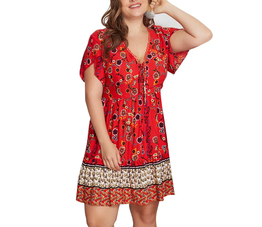 Large Size V-neck Print Dress