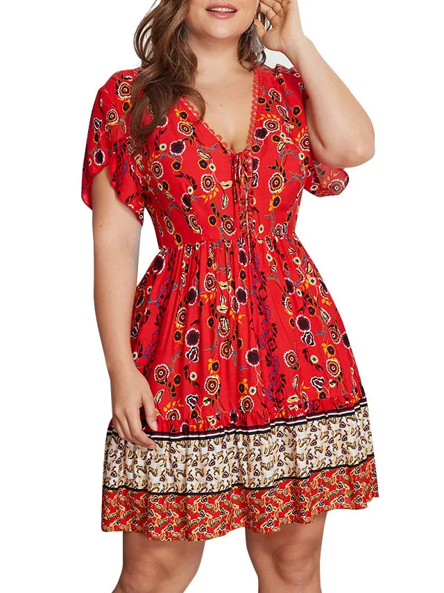 Large Size V-neck Print Dress