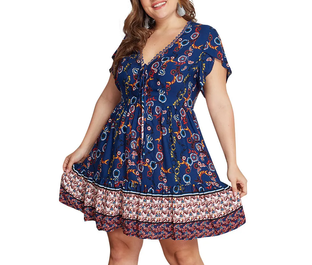 Large Size V-neck Print Dress