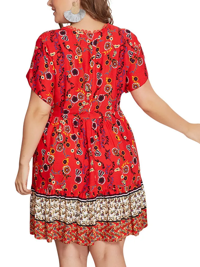 Large Size V-neck Print Dress