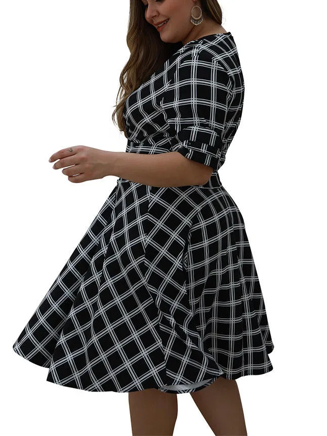 Large Size Women's Autumn Plaid V-neck Large Dress