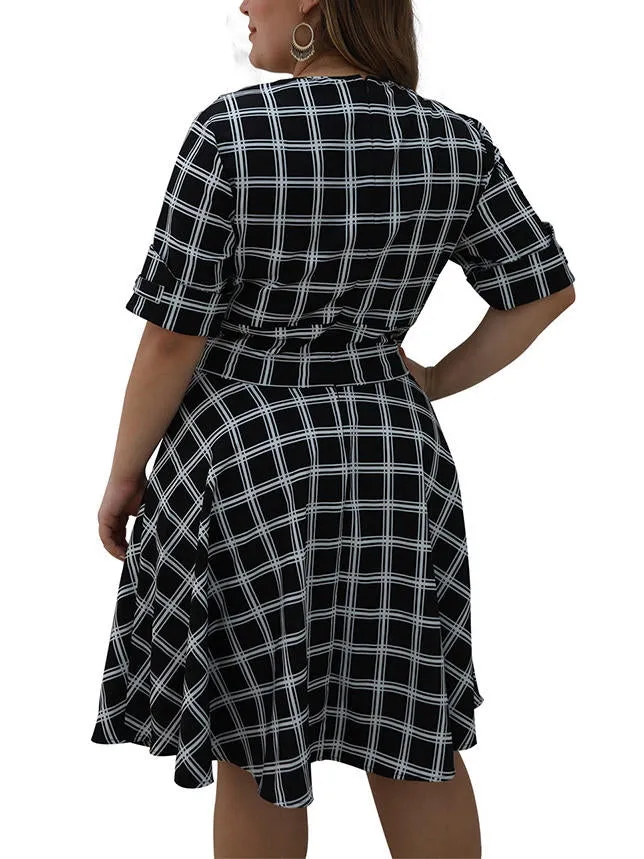 Large Size Women's Autumn Plaid V-neck Large Dress