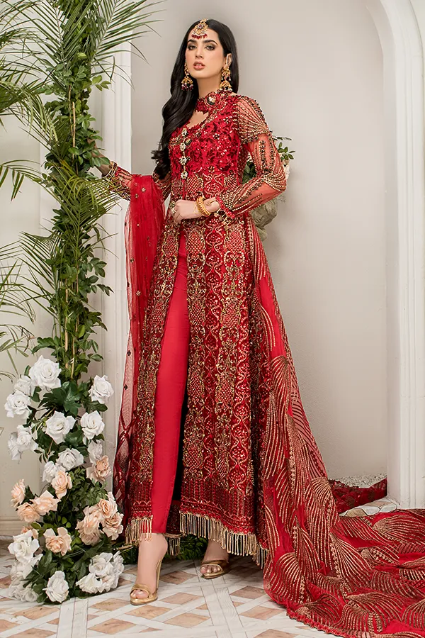 Latest Crimson Red Pakistani Dress in Long Style #PF403