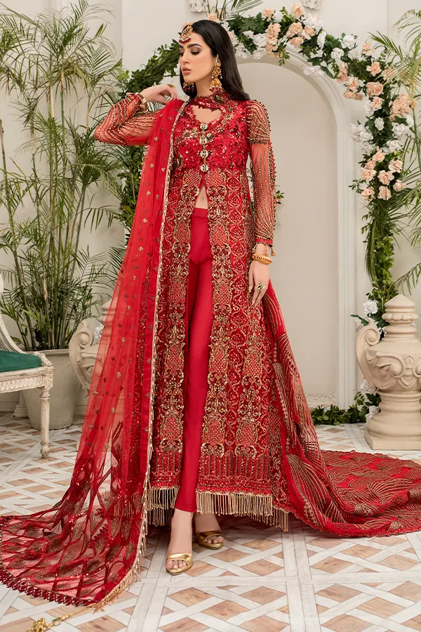 Latest Crimson Red Pakistani Dress in Long Style #PF403