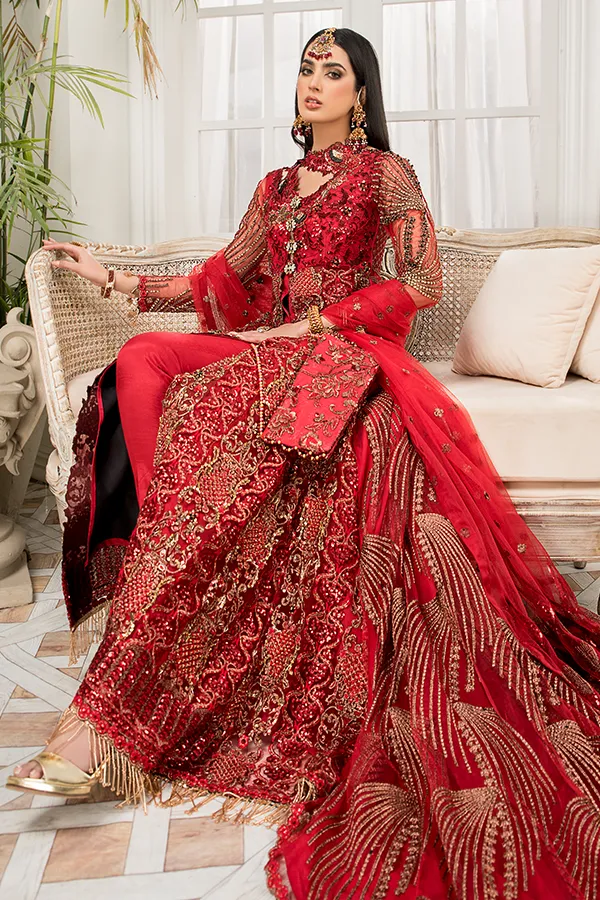 Latest Crimson Red Pakistani Dress in Long Style #PF403
