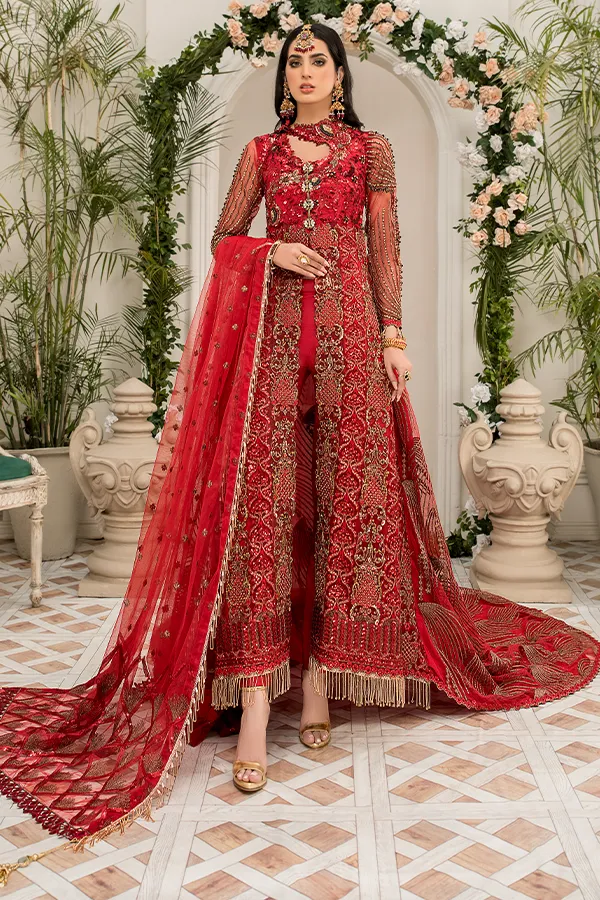 Latest Crimson Red Pakistani Dress in Long Style #PF403