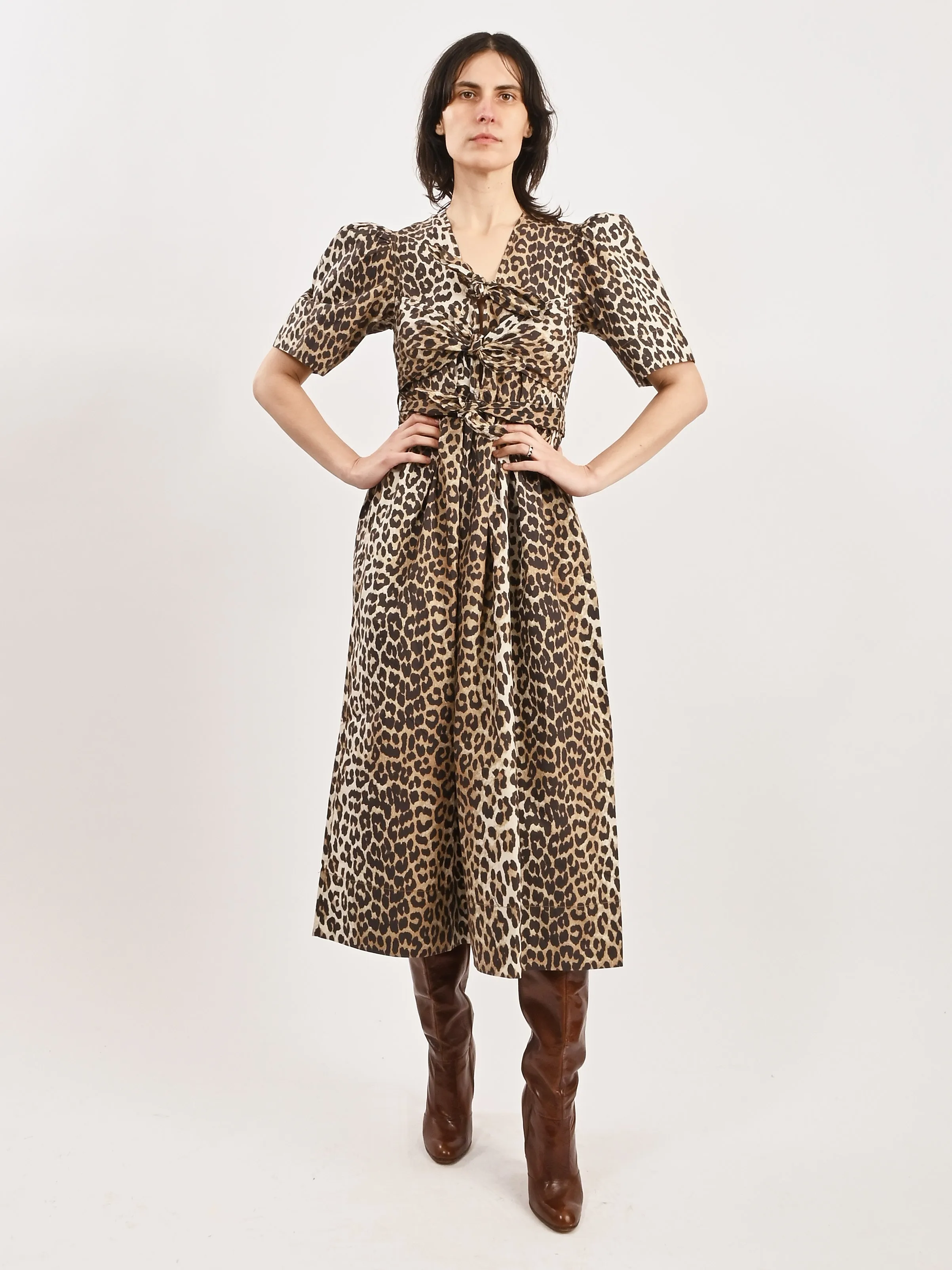 Leopard Printed Cotton Tie Strap Midi Dress