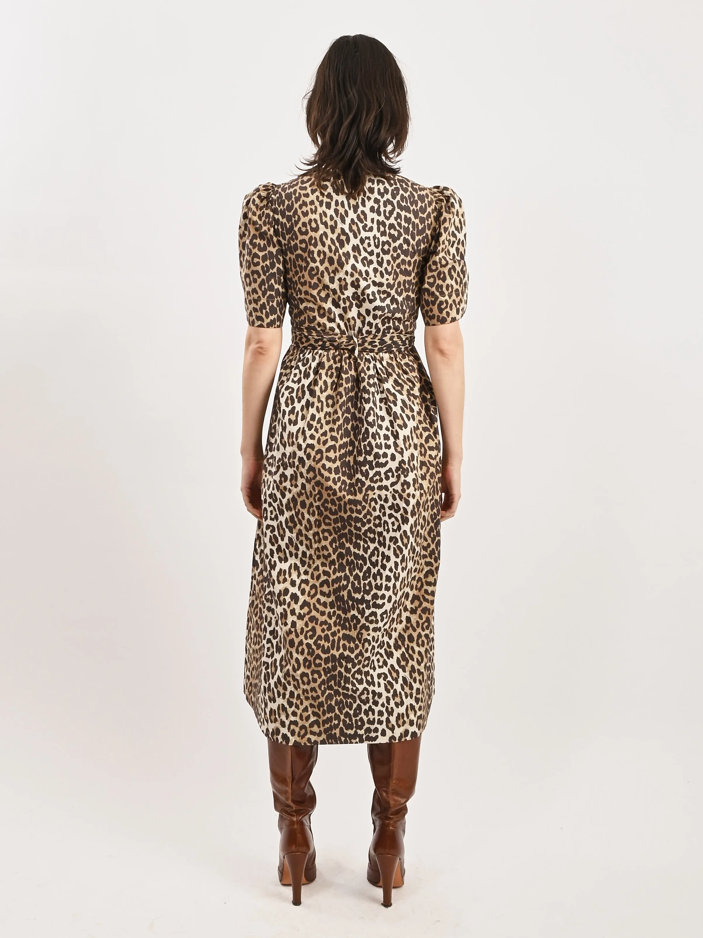 Leopard Printed Cotton Tie Strap Midi Dress