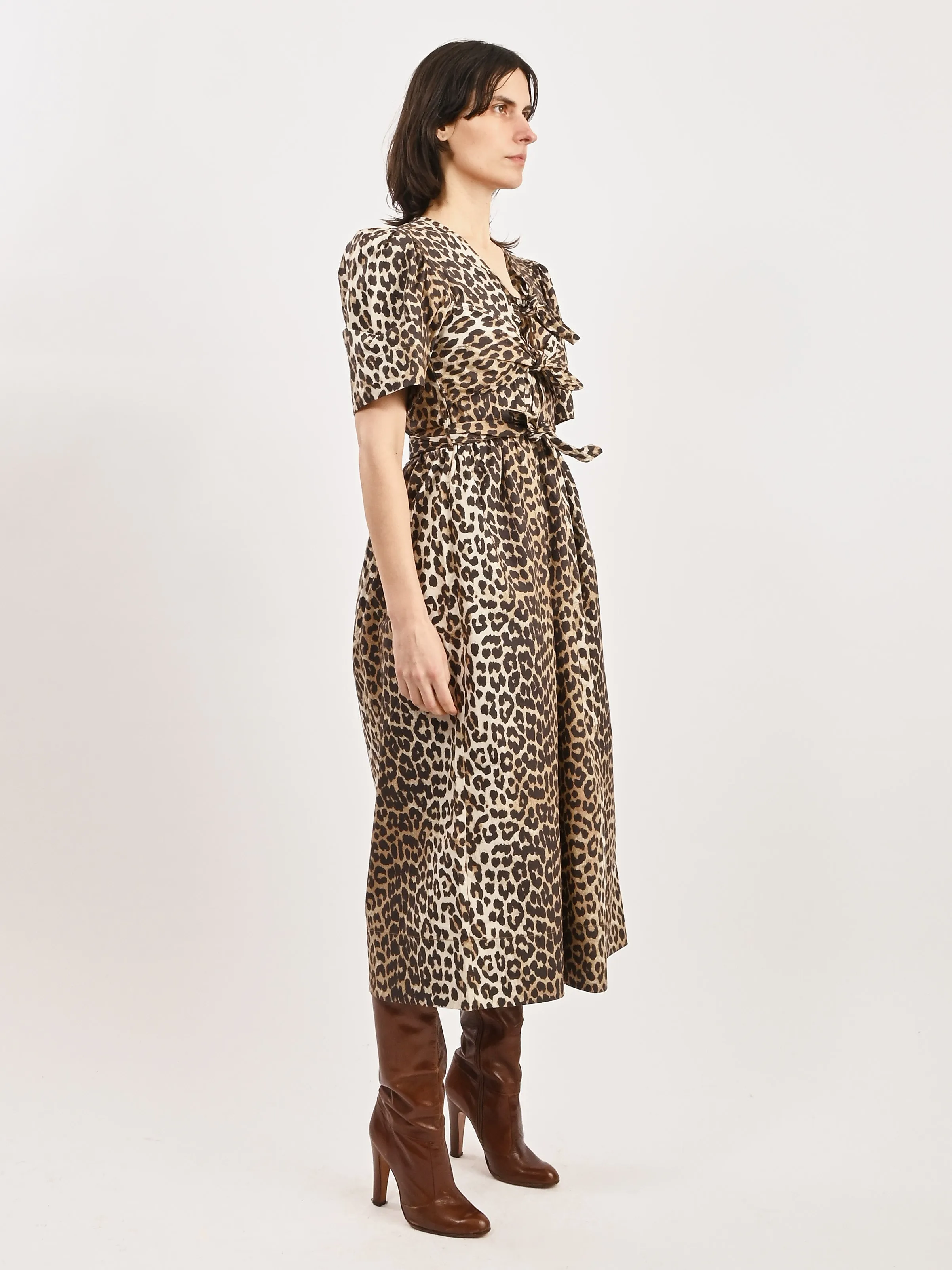 Leopard Printed Cotton Tie Strap Midi Dress