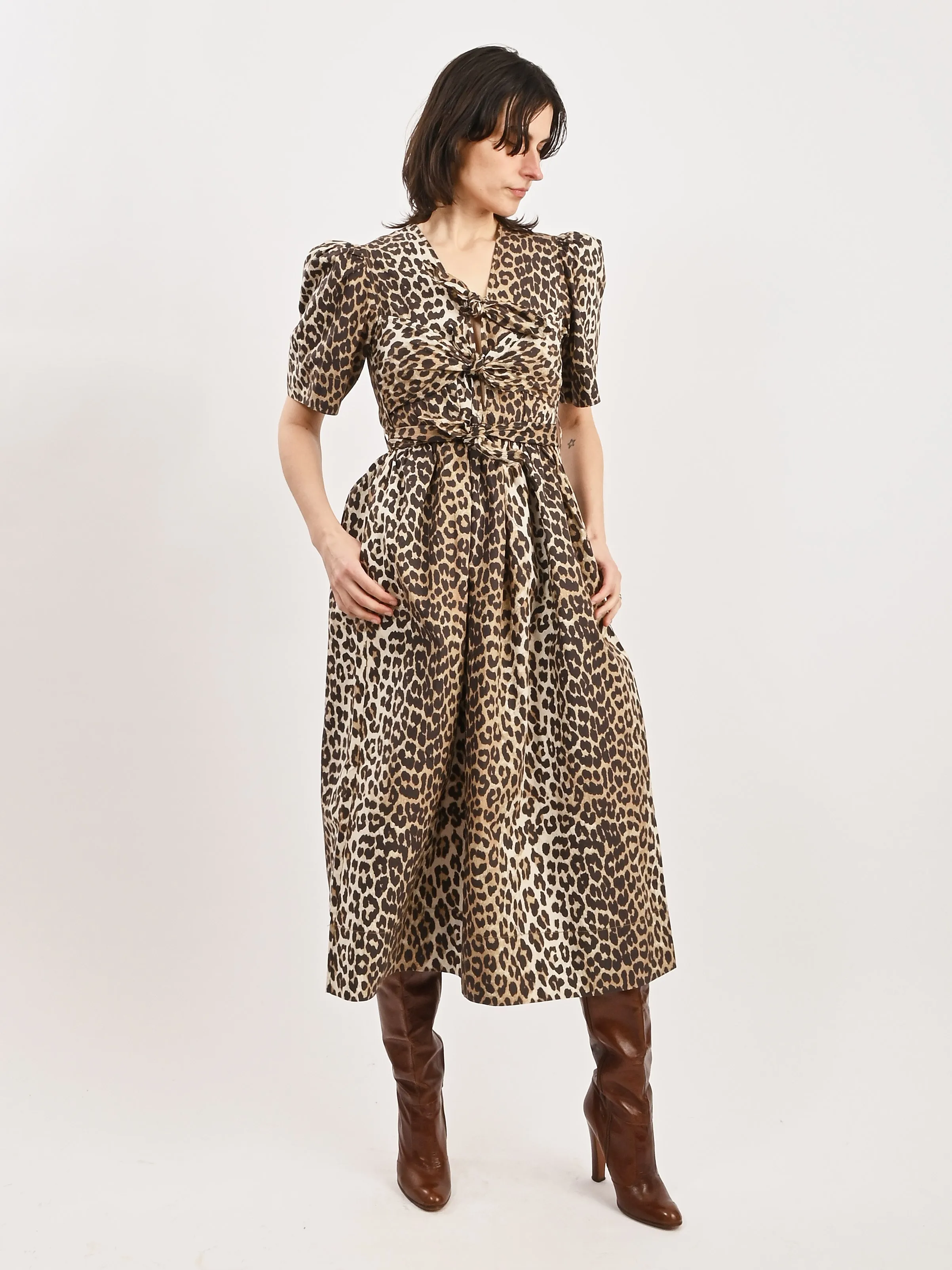 Leopard Printed Cotton Tie Strap Midi Dress