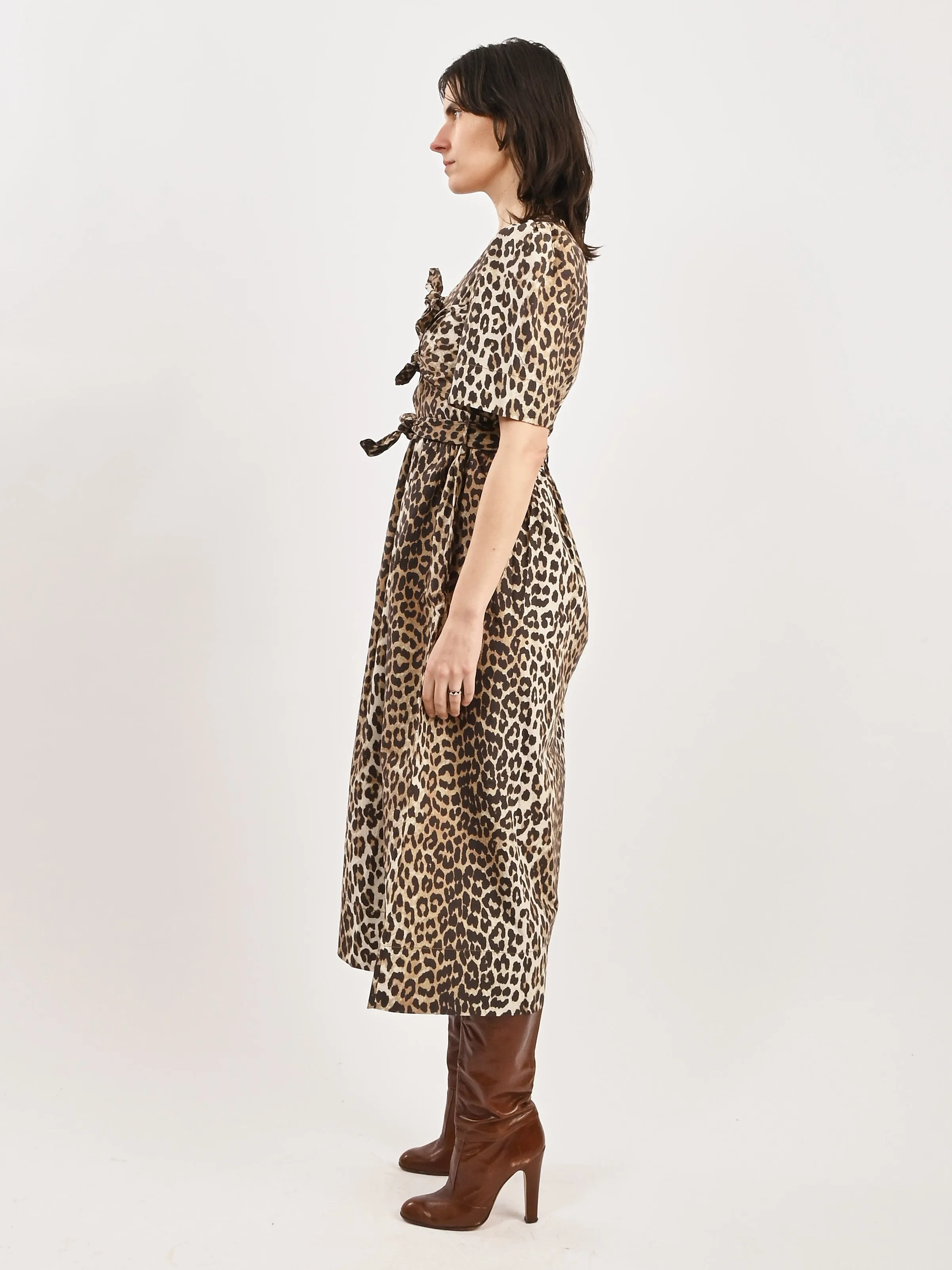Leopard Printed Cotton Tie Strap Midi Dress