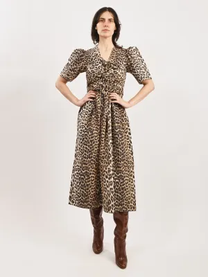 Leopard Printed Cotton Tie Strap Midi Dress