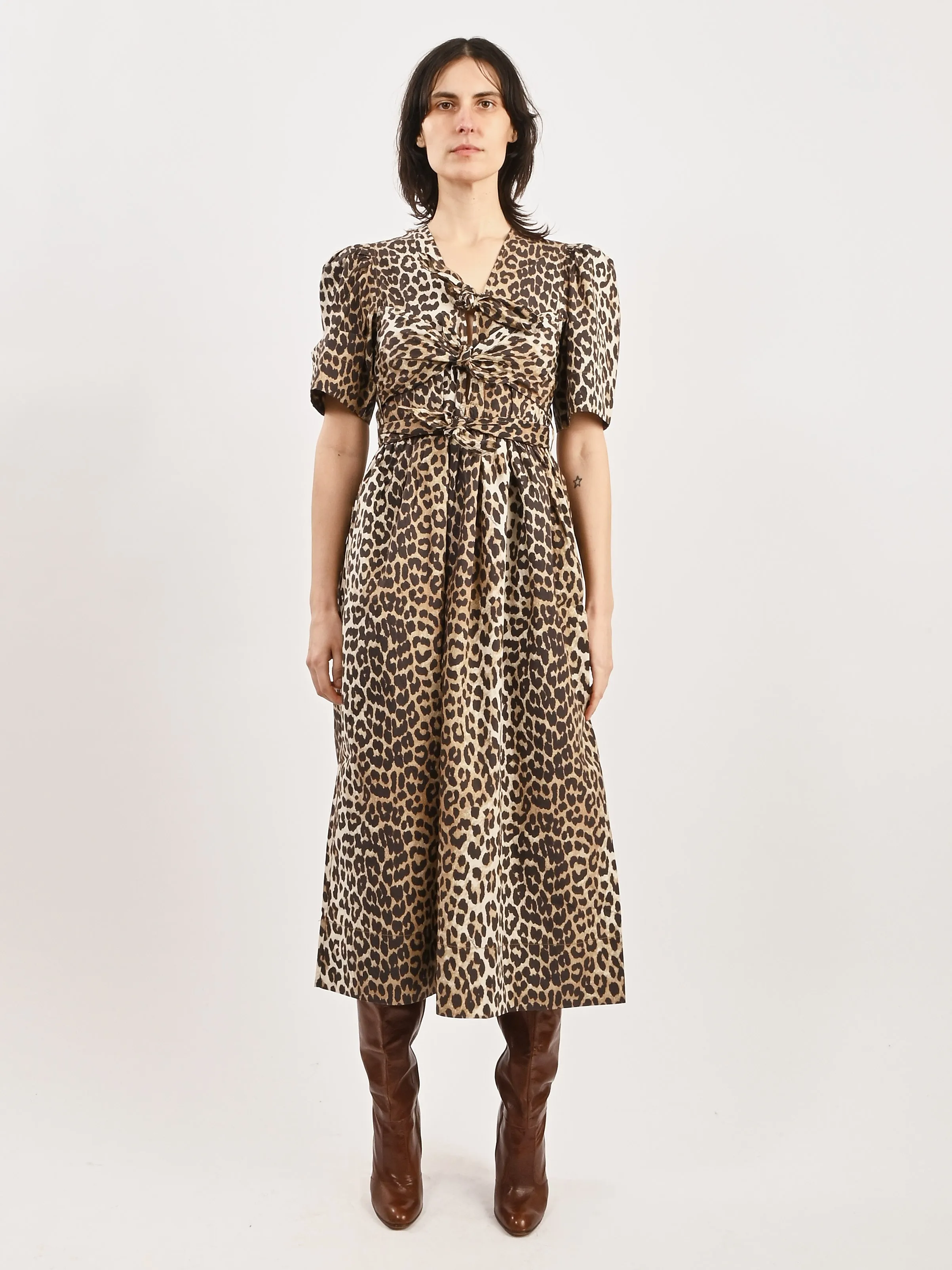Leopard Printed Cotton Tie Strap Midi Dress
