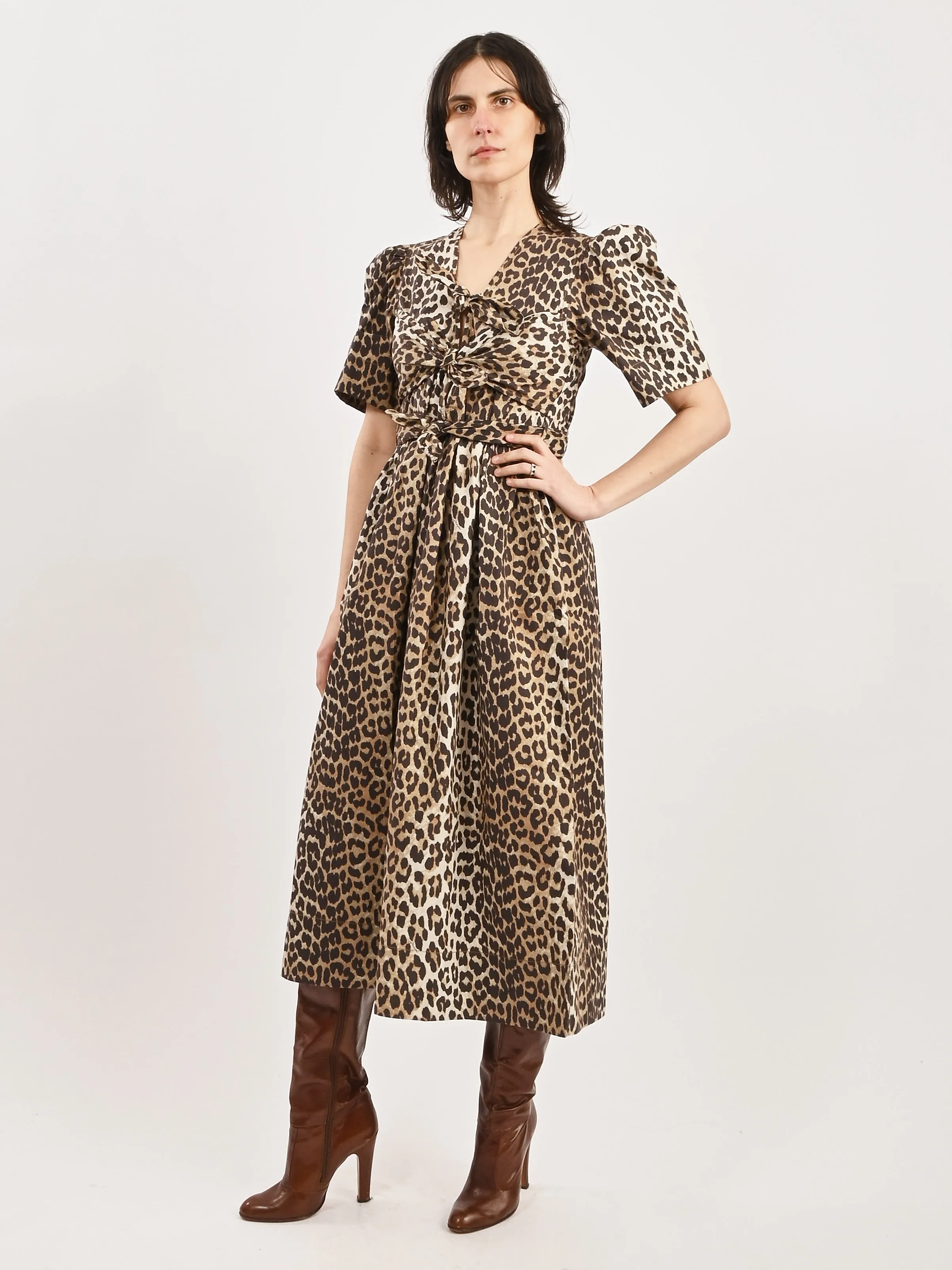 Leopard Printed Cotton Tie Strap Midi Dress