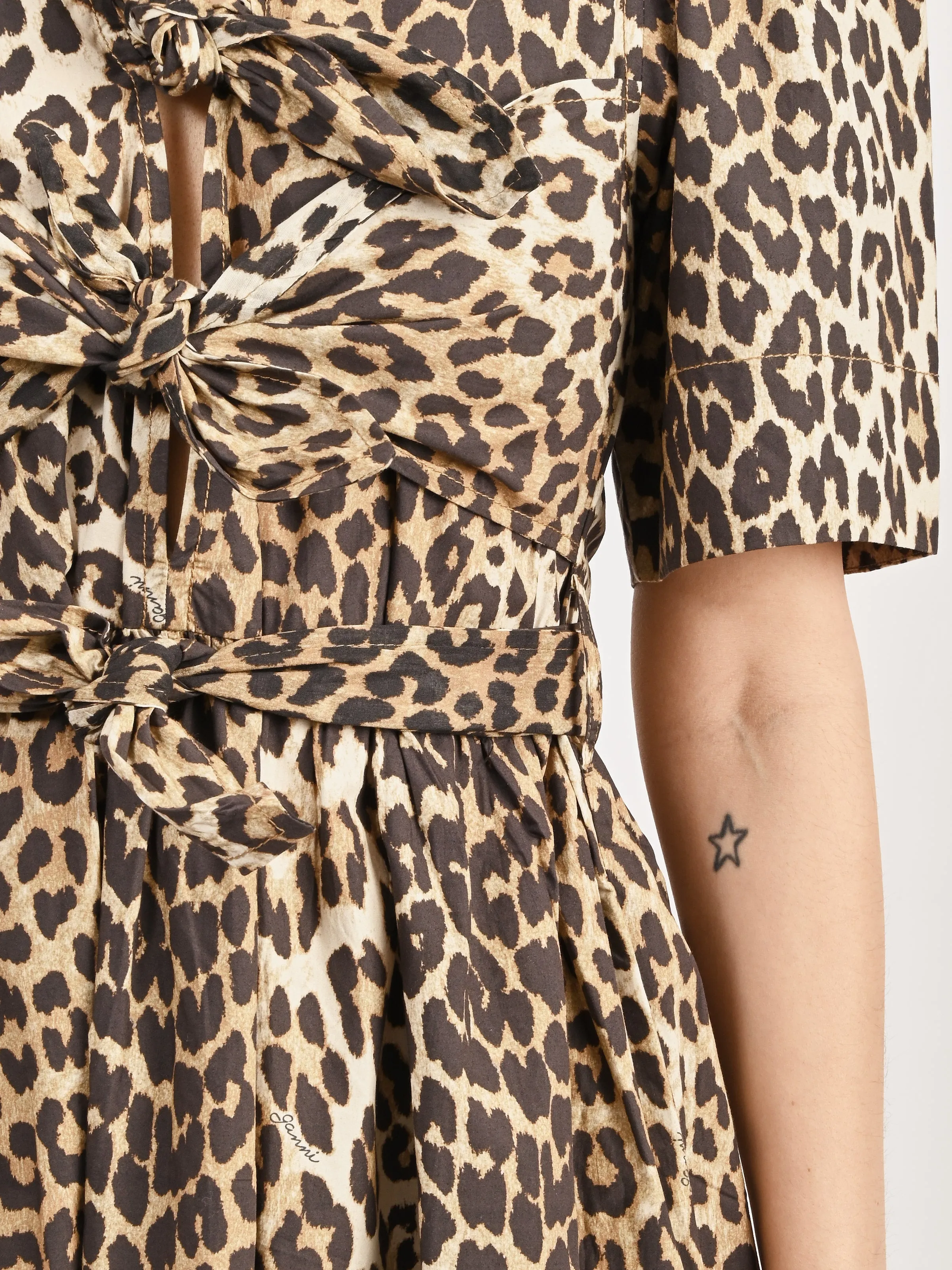 Leopard Printed Cotton Tie Strap Midi Dress