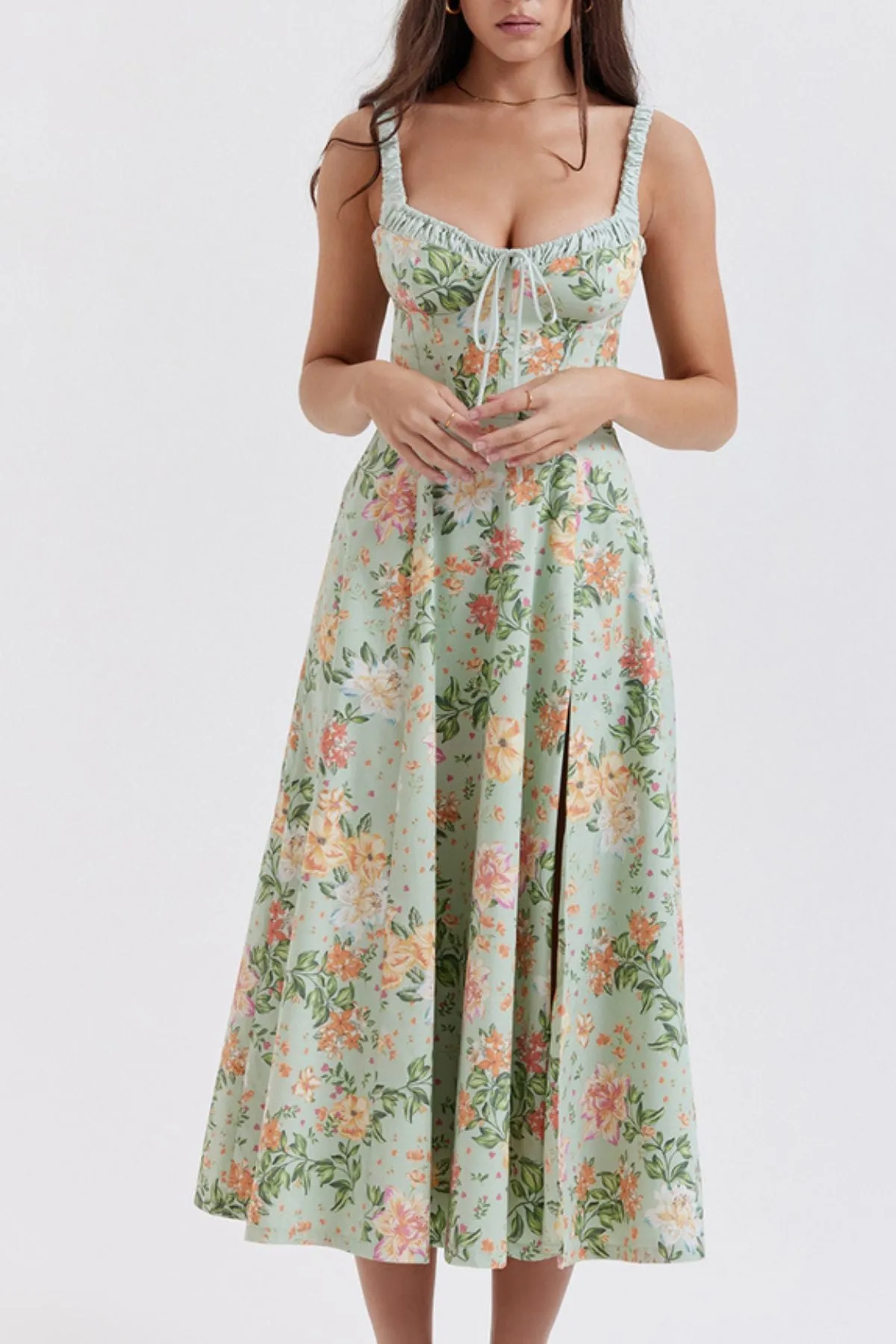 LONDYN Floral Bustier Midi Dress w/ Thigh Slit