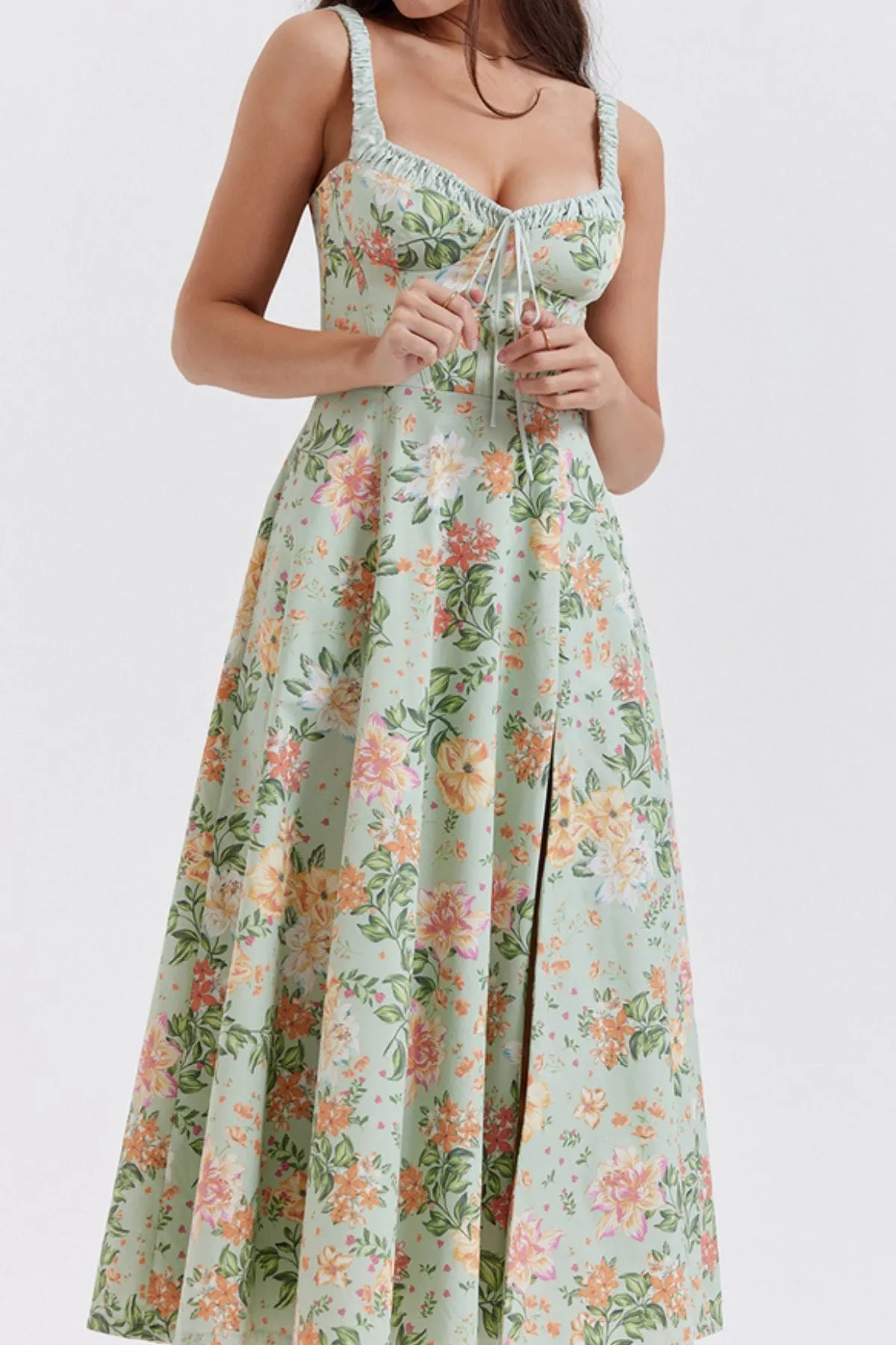 LONDYN Floral Bustier Midi Dress w/ Thigh Slit