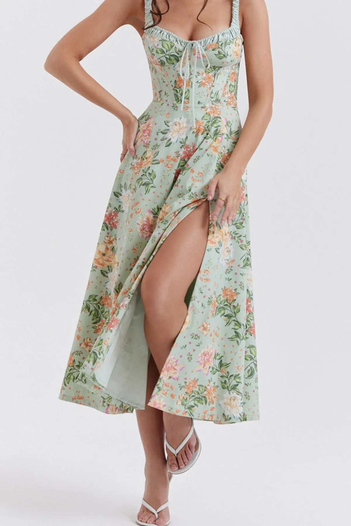 LONDYN Floral Bustier Midi Dress w/ Thigh Slit