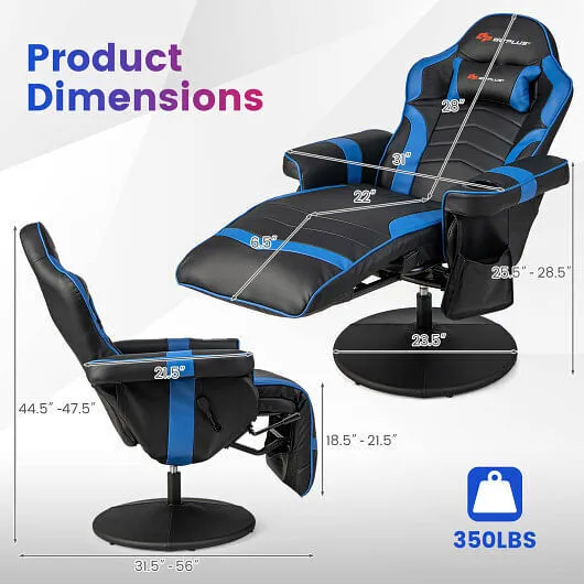 Massage Video Gaming Recliner Chair with Adjustable Height-Blue - Color: Blue
