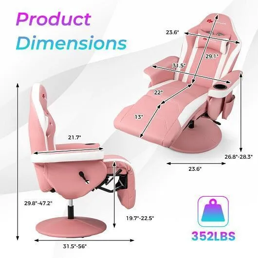 Massage Video Gaming Recliner Chair with Adjustable Height-Pink - Color: Pink