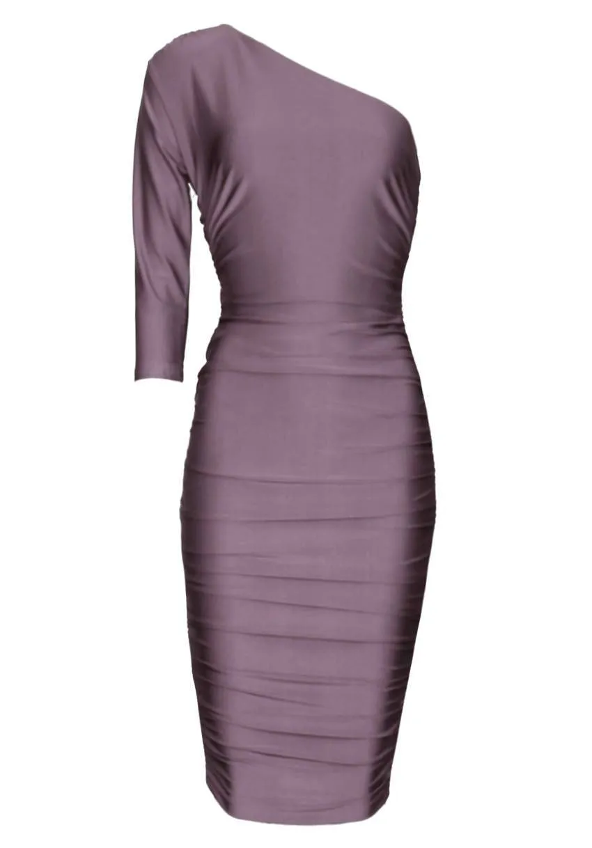 Mauve One Sleeve Slinky Midi Dress With Ruched Detail