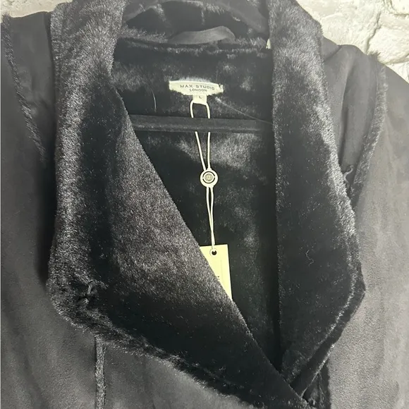 Max Studio | Women’s Black Knee Length Faux Fur Suede Jacket, Size L, NWT