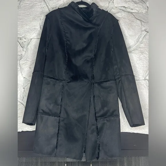 Max Studio | Women’s Black Knee Length Faux Fur Suede Jacket, Size L, NWT