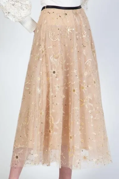 Mesh Midi Length Skirt with Embroidery - Beige -