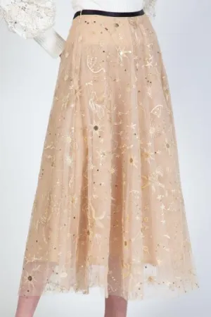 Mesh Midi Length Skirt with Embroidery - Beige -