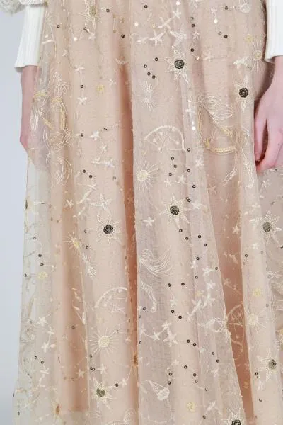 Mesh Midi Length Skirt with Embroidery - Beige -