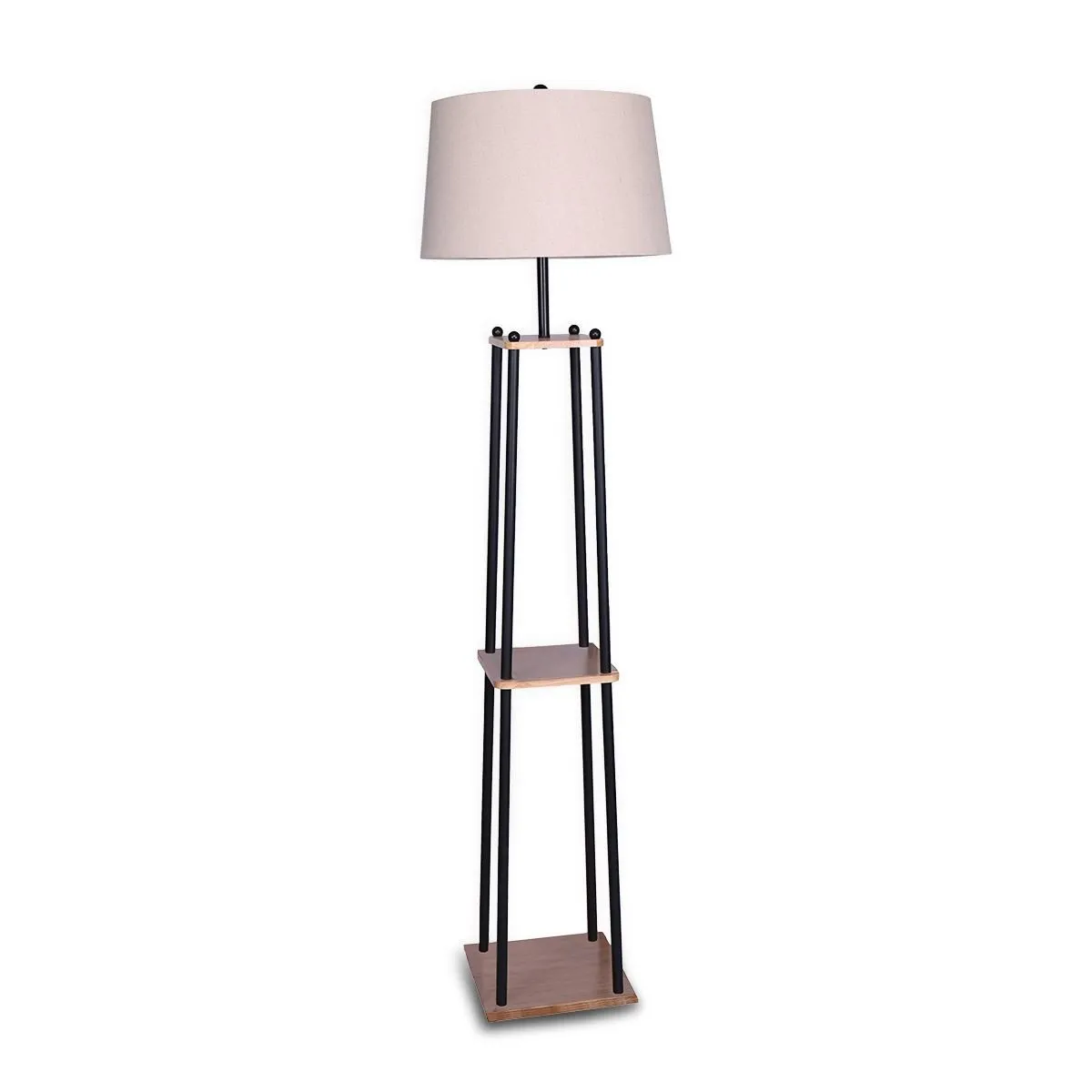 METAL ETAGERE FLOOR LAMP WITH WOOD SHELF & CREAM LINEN FABRIC SHADE