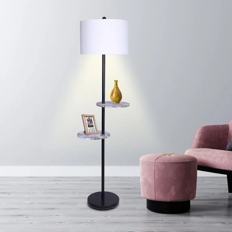 METAL FLOOR LAMP SHADE BLACK POST IN MARBLE FINISH SHELVES