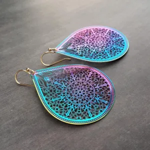 Metallic Rainbow Earrings, metallic earring, large teardrop, aurora earring, large filigree earring, filigree drop earring, iridescent oil