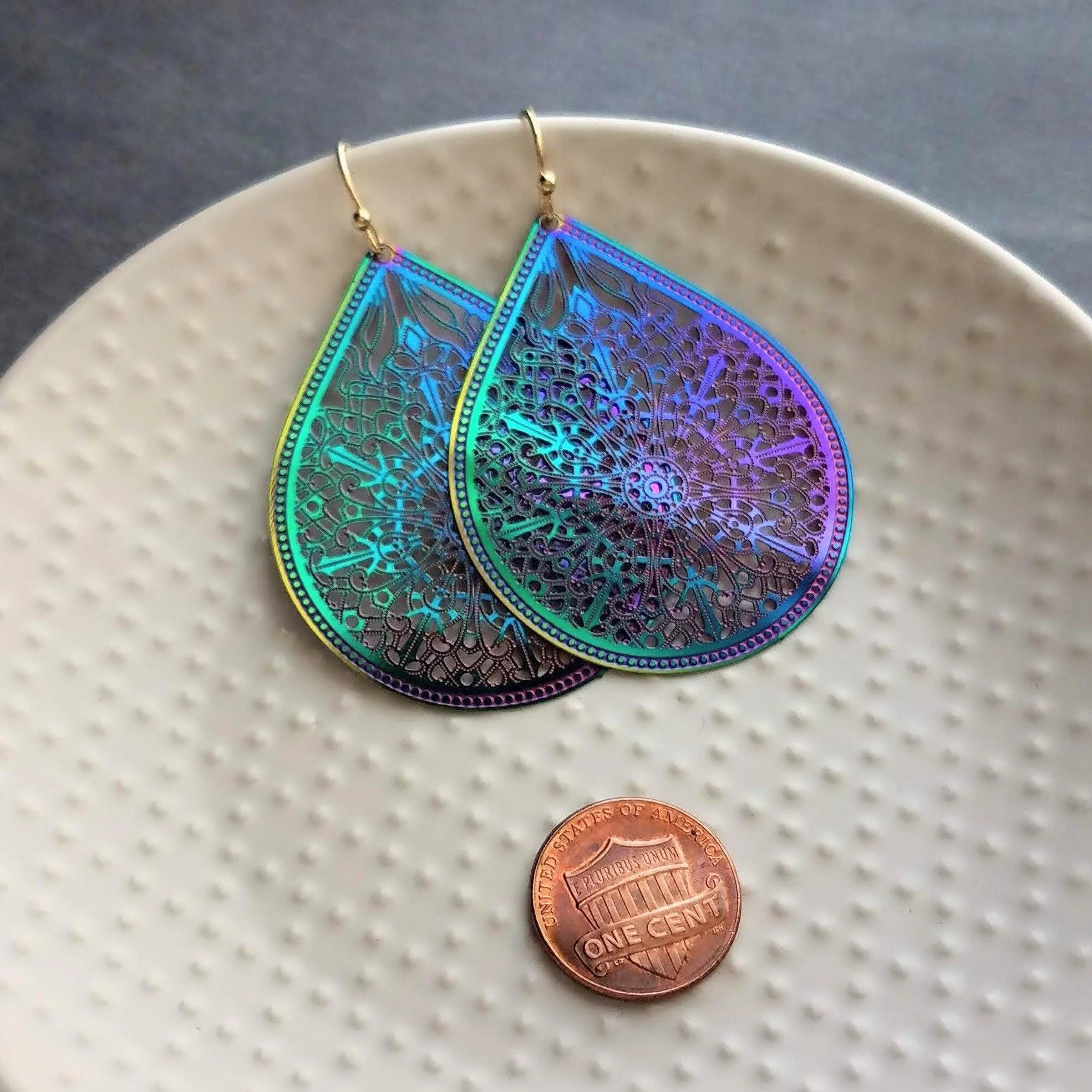 Metallic Rainbow Earrings, metallic earring, large teardrop, aurora earring, large filigree earring, filigree drop earring, iridescent oil
